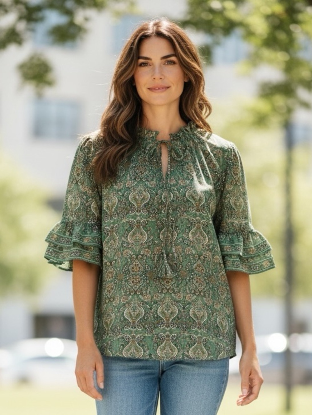 Max Studio Forest Green Patterned Blouse With Tie Size L